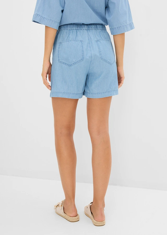 Short en jean, taille mi-haute élastiquée, Couleur: bleu clair denim used