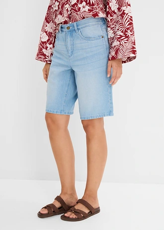 Bermudy jeansowe mid waist, wygodna talia, kolor: jasnoniebieski denim "used"