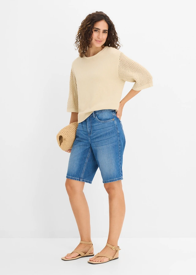 Bermuda en jean, taille mi-haute élastiquée sable clair