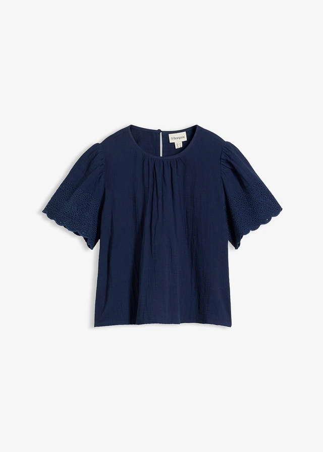 Blouse manches courtes légère en gaze de coton, Couleur: bleu foncé