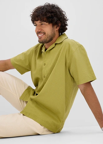Overhemd met linnen en korte mouwen, loose fit • goud olijfgroen • bonprix online shop