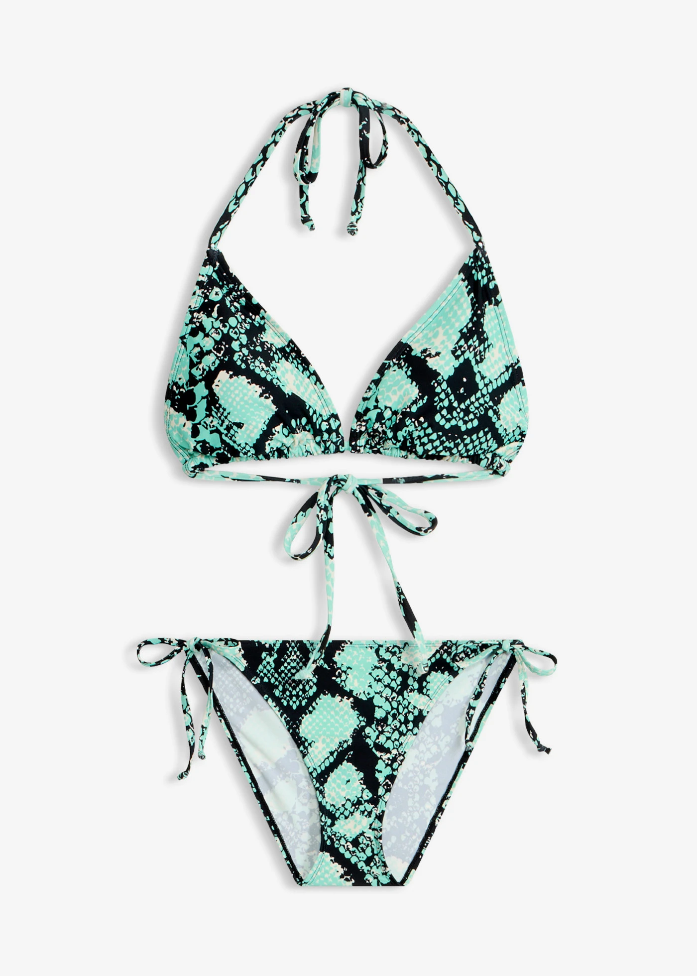 Trojúhelníkové bikiny + pareo z plavkoviny (3dílná souprava) • mentolově modro-černá s hadím potiskem • bonprix obchod
