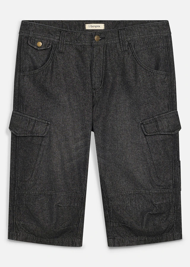 Vékony, hosszú farmer cargo bermuda, Relaxed Fit • fekete denim • bonprix áruház