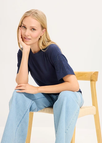 Tricou cu broderie perforată • bleumarin • magazin bonprix