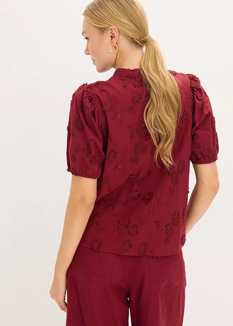 Blouse met korte mouw van katoen, Kleur: robijnrood