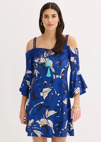 Robe évasée à encolure Bardot, Couleur: bleu cobalt-beige galet imprimé