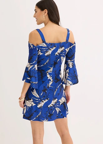 Rochie Carmen evazată • albastru cobalt-bej-prund cu imprimeu • magazin bonprix