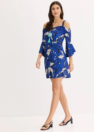 Rochie Carmen evazată • albastru cobalt-bej-prund cu imprimeu • magazin bonprix