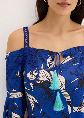 Wijd uitlopende carmenjurk • kobaltblauw-kiezelgrijs met print • bonprix online shop