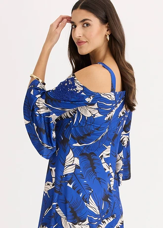 Wijd uitlopende carmenjurk • kobaltblauw-kiezelgrijs met print • bonprix online shop