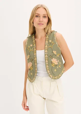 Vestă brodată din material vaporos cu in • oliv înflorat • magazin bonprix