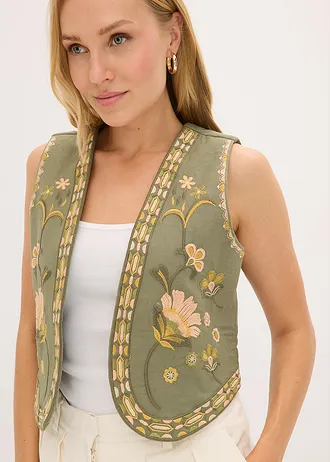 Vest met borduursel van luchtig linnenmix • olijfgroen gebloemd • bonprix online shop