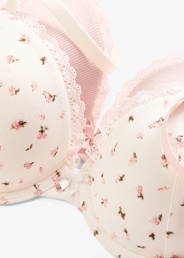 Lot de 2 soutiens-gorge côtelés à coques et armatures • écru + rose clair floral • product-page.page-title-suffix
