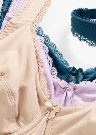 Merevítős melltartó puha bio-pamuttal (3 db-os csomag) • olajkék+orgonalila+krétabézs • bonprix áruház