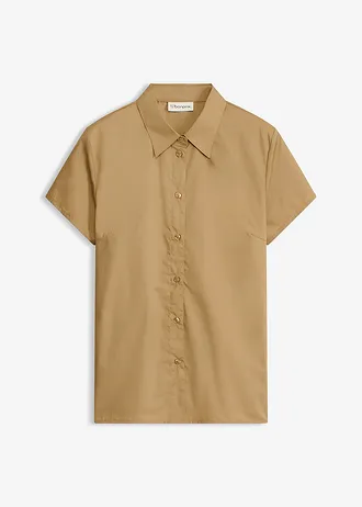Popeline blouse met korte mouwen, Kleur: kakibruin