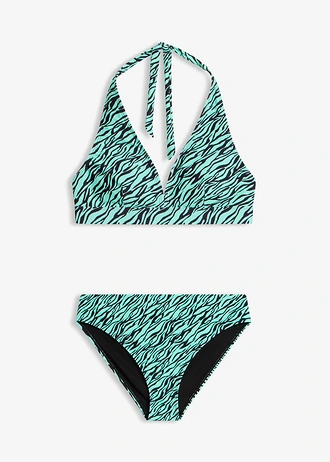 Halter bikini met hoge beenuitsnijdingen, sneldrogend (2-dlg. set), Kleur: mentholgroen-zwart zebraprint