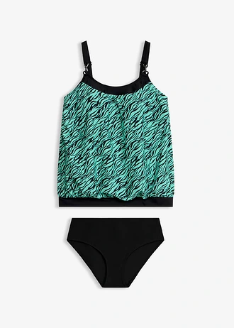 Oversized tankini met ringdetail (2-dlg. set), Kleur: zwart-mentholgroen met zebraprint