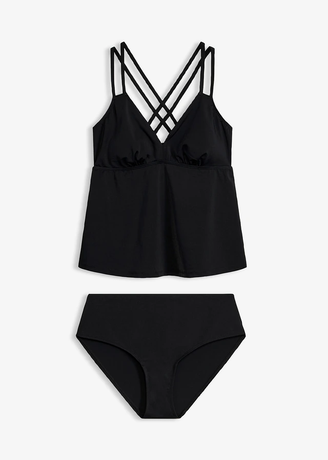 Tankini van sneldrogend materiaal met gekruiste bandjes (2-dlg. set) • zwart • bonprix online shop