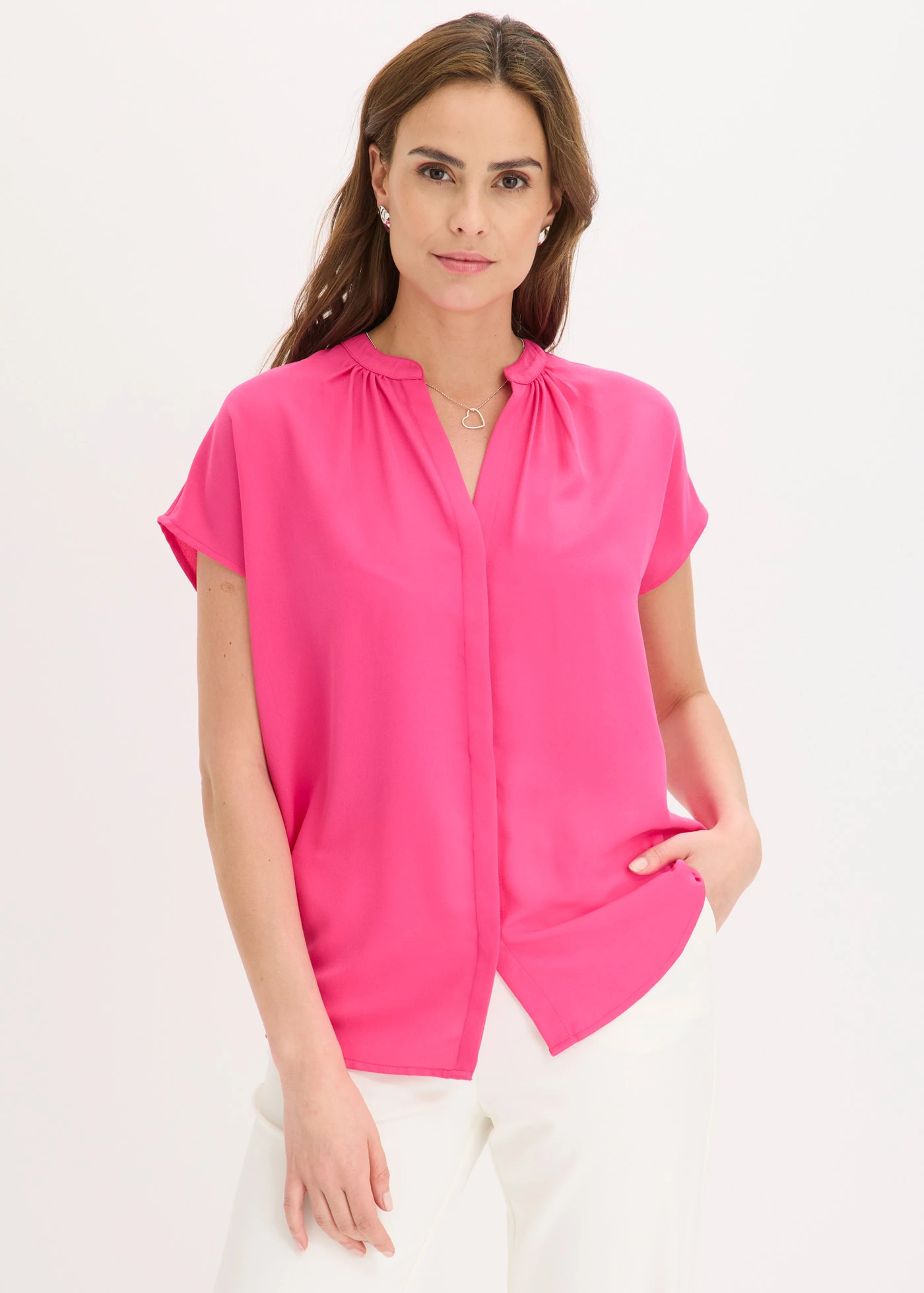 Bluzka z krótkim rękawem i krytą plisą guzikową • różowy "pinklady" • sklep bonprix