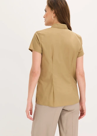 Popeline blouse met korte mouwen, Kleur: kakibruin
