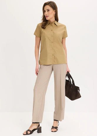 Popeline blouse met korte mouwen, Kleur: kakibruin