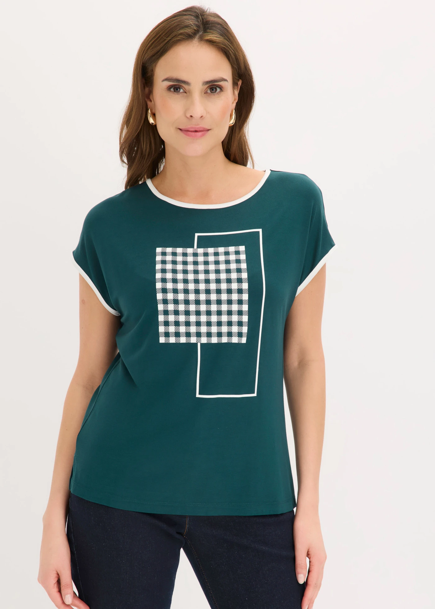 T-shirt z kontrastową lamówką • ciemnozielony-biel wełny z graficznym nadrukiem • sklep bonprix