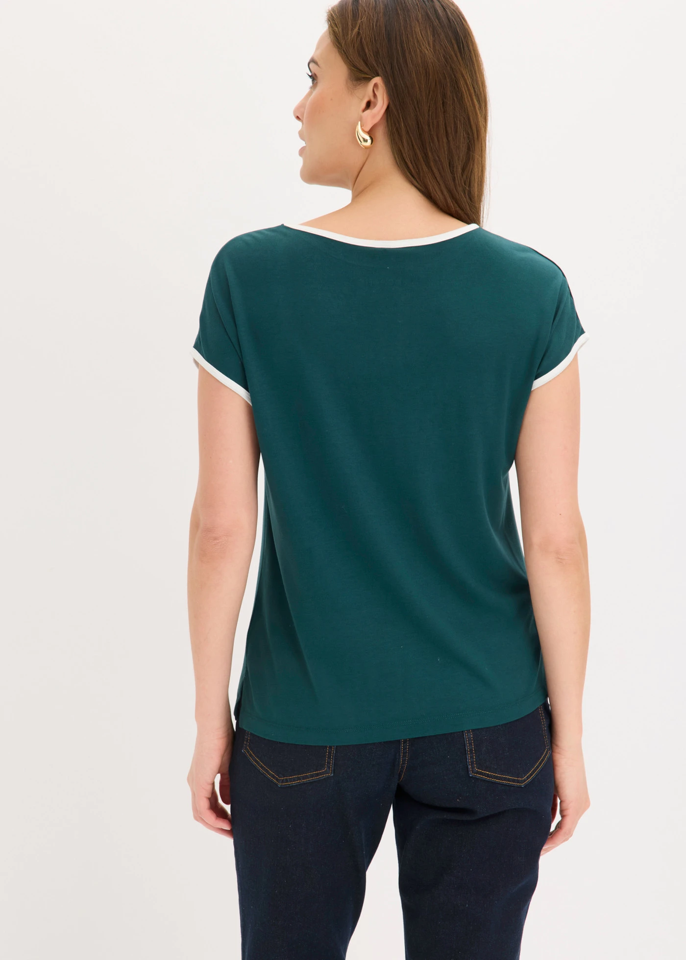 T-shirt z kontrastową lamówką • ciemnozielony-biel wełny z graficznym nadrukiem • sklep bonprix