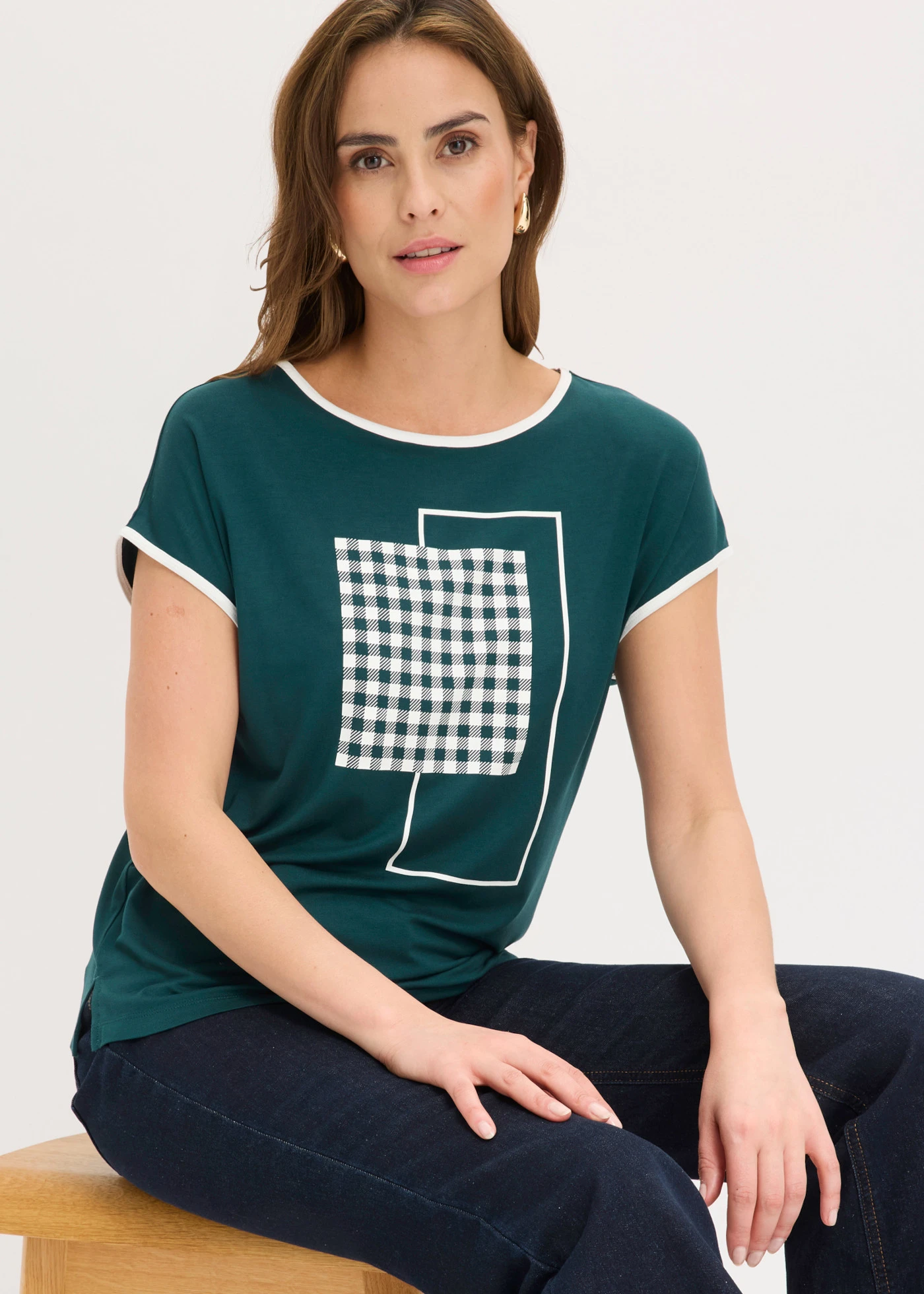 Shirt met biezen in een contrastkleur • diepgroen/wolwit grafische print • bonprix online shop