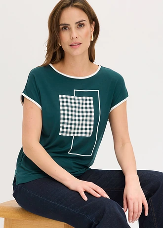 Shirt met biezen in een contrastkleur • diepgroen/wolwit grafische print • bonprix online shop