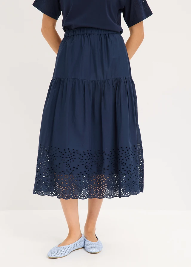 Jupe midi 100% coton avec broderies anglaises, Couleur: bleu foncé