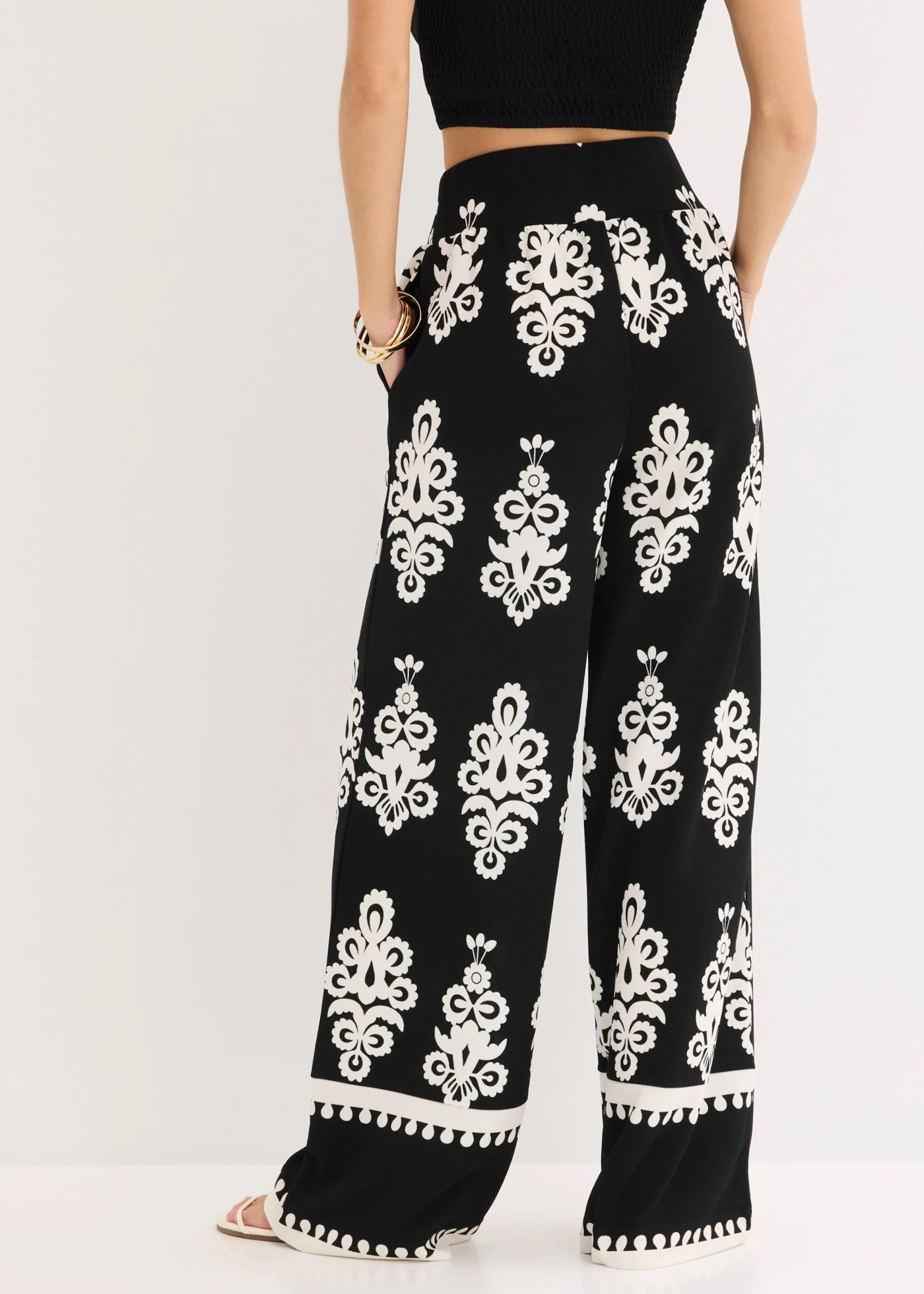 High Waist dzsörzé nadrág • fekete/fehér mintás • bonprix áruház