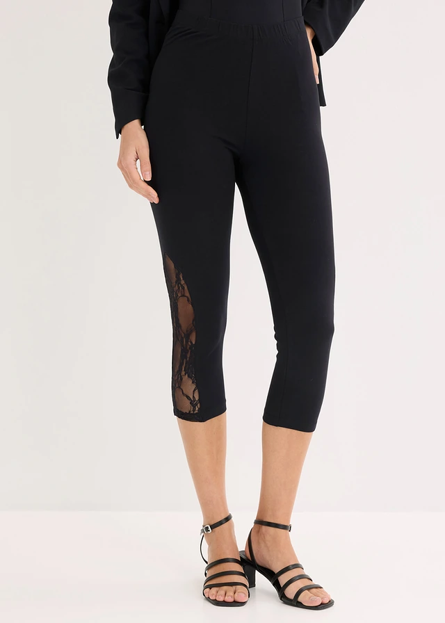 Legginsy 3/4 z koronką • czarny • sklep bonprix