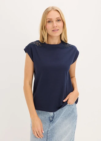 Shirt van puur katoen met kanten inzetstuk, Kleur: donkerblauw