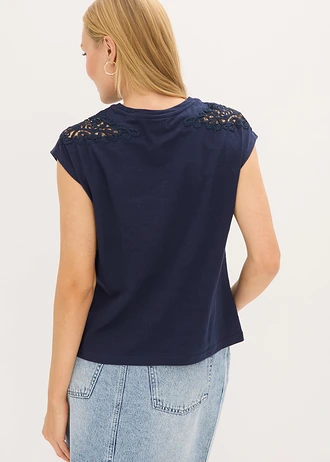 T-shirt 100% coton avec dentelle • bleu foncé • Boutique bonprix