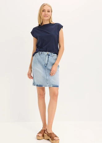 Shirt van puur katoen met kanten inzetstuk, Kleur: donkerblauw