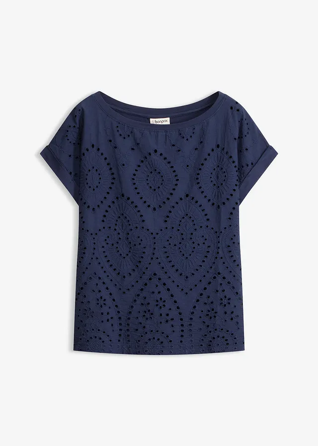 T-shirt à broderies anglaises • bleu foncé • Boutique bonprix