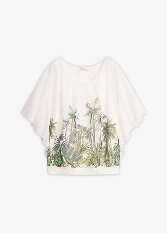 Chiffon blouse met ondershirt, Kleur: parelwit-olijfgroen met print