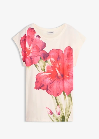 T-shirt 100% coton, Couleur: écru-fuchsia floral