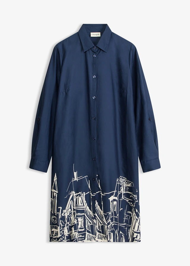 Robe-chemise en popeline de coton, Couleur: bleu foncé-écru graphique