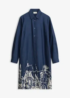 Robe-chemise en popeline de coton • bleu foncé/écru graphique • Boutique bonprix