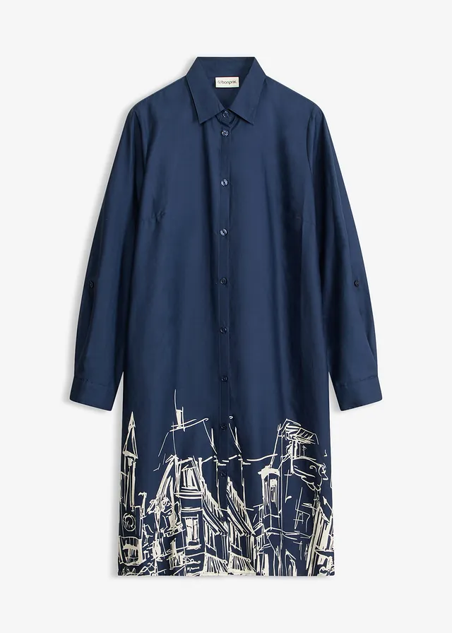 Rochie-cămașă din bumbac din poplin • bleumarin-bej natur cu imprimeu grafic • magazin bonprix