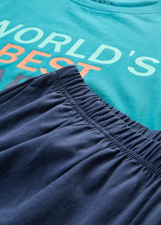 Pijama cu pantaloni scurți din bumbac 100% (set/2 buc.) • bleumarin/turcoaz-cobalt cu imprimeu • magazin bonprix