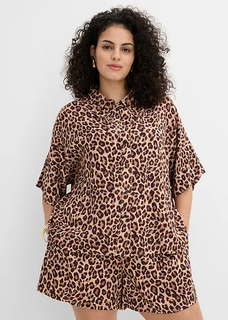 Overhemdblouse van soepele viscose, Kleur: donkerbruin luipaardprint