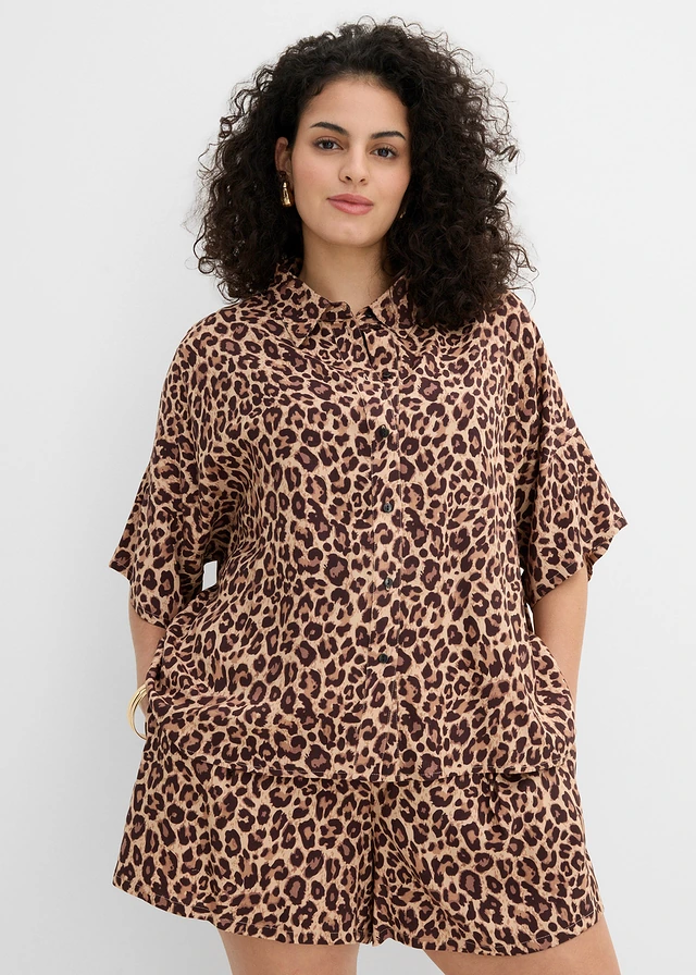 Chemisier en viscose fluide, Couleur: marron foncé léopard