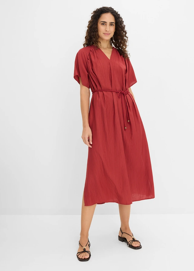 Midi jurk in een zachte viscose-mix, Kleur: woestijnrood