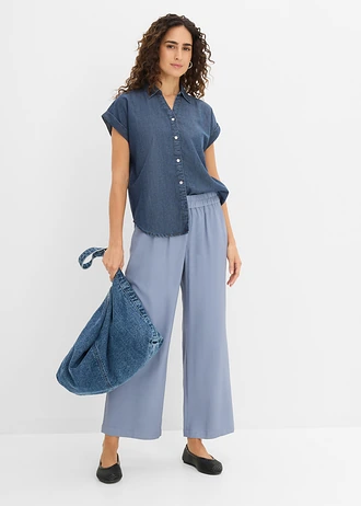 Rövid ujjú farmerblúz lenvászonnal • sötétkék denim • bonprix áruház