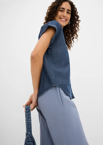 Bluzka dżinsowa z krótkim rękawem, z domieszką lnu • granatowy denim • sklep bonprix