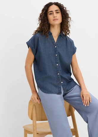 Džínová halenka se lnem, krátký rukáv • tmavě modrý denim • bonprix obchod