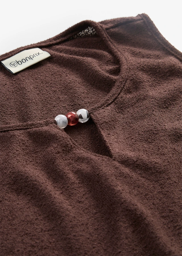 Gebreide top met pareldetail, Kleur: donkerbruin