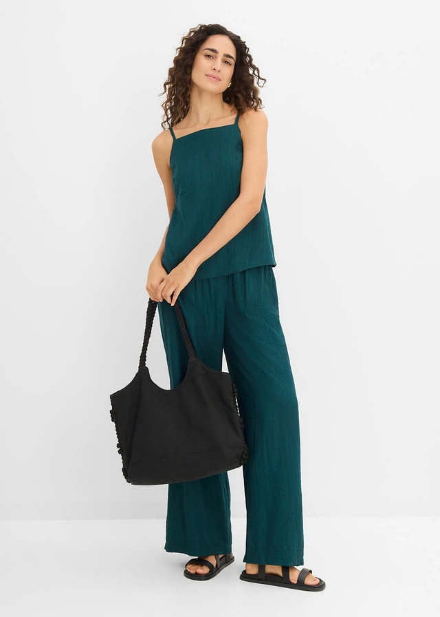 Top in een viscosemix met plissélook, Kleur: diepgroen